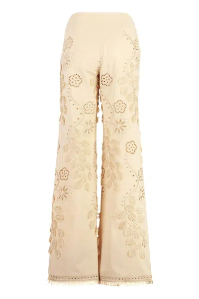 Alberta Ferretti Cotton Trousers Embroidered Frayed Hem In Neutral