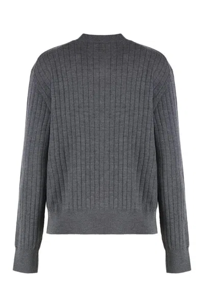 Bottega Veneta Grey Crewneck Cardigan With Knot Buttons Closure And Ribbed Knit In Wool Woman