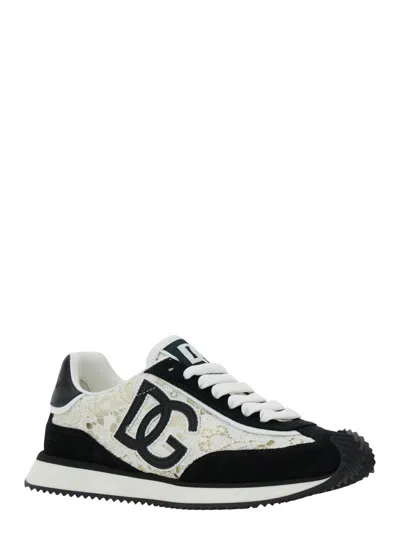 Dolce & Gabbana Women Black And White Low Top With Lace Details And Dg Patch On The Side In Fabric A