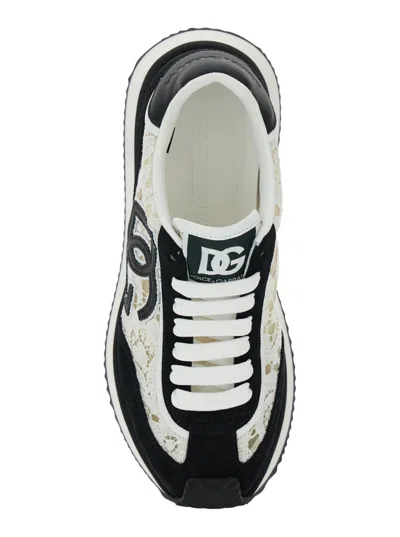 Dolce & Gabbana Women Black And White Low Top With Lace Details And Dg Patch On The Side In Fabric A