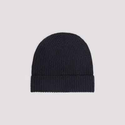 Brioni Ribbed Knit Beanie In Midnight Blue Wool In Black