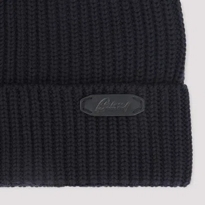 Brioni Ribbed Knit Beanie In Midnight Blue Wool In Black
