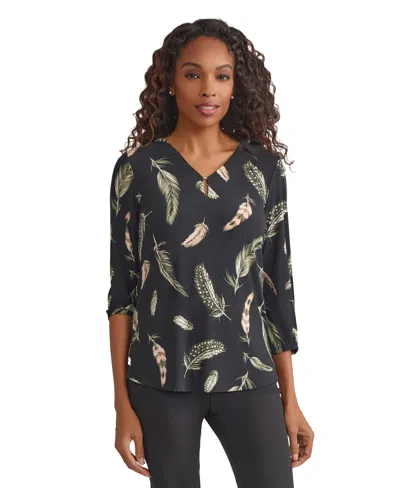 Jones New York Feather Print Knit Top In Black