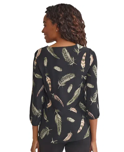 Jones New York Feather Print Knit Top In Black