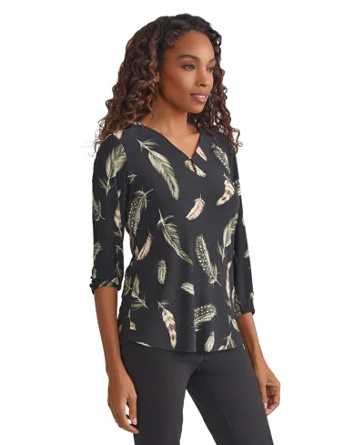 Jones New York Feather Print Knit Top In Black