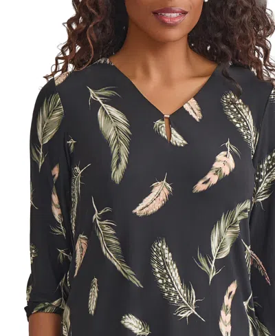 Jones New York Feather Print Knit Top In Black