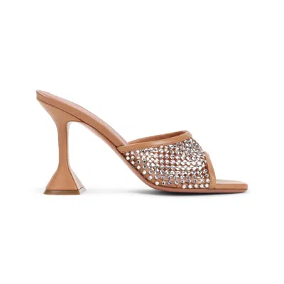 Amina Muaddi Tan Lupita Crystal Net Slipper Heeled Sandals