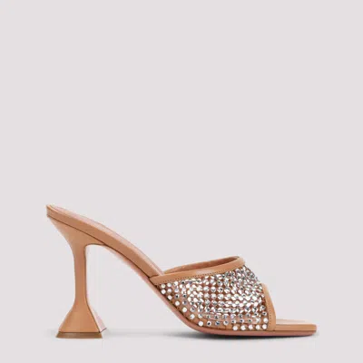 Amina Muaddi Tan Lupita Crystal Net Slipper Heeled Sandals