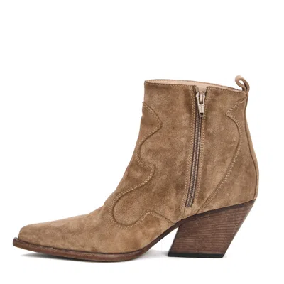 Elena Iachi Beige Suede Ankle Boots With Curved Seam Detail In Brown