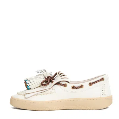 Elena Iachi White Leather Tassel Moccasin In White