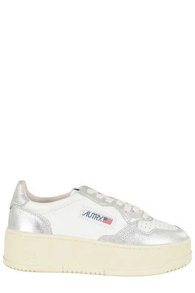 Autry White And Silver Low Top Platform Sneakers With Logo In Silver