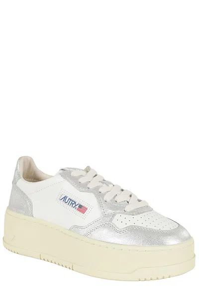 Autry White And Silver Low Top Platform Sneakers With Logo In Silver