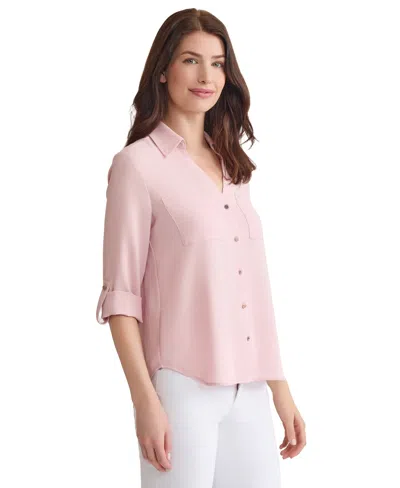 Jones New York Women's Long Sleeve Collarless Tunic With D-rings Top In Pink