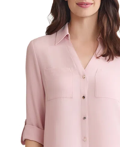Jones New York Women's Long Sleeve Collarless Tunic With D-rings Top In Pink
