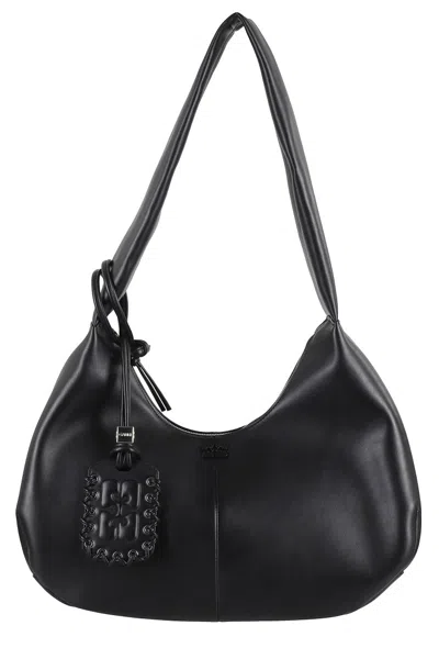 Ganni 'bou Bag Hobo Medium' Black Shoulder Bag With Shoulder Strap And Removable Logo Patch