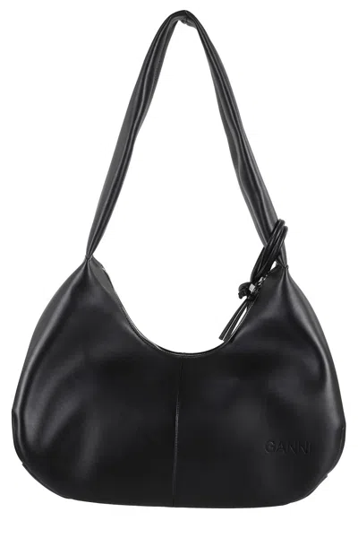 Ganni 'bou Bag Hobo Medium' Black Shoulder Bag With Shoulder Strap And Removable Logo Patch