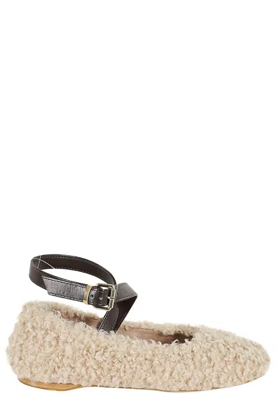 Semicouture Semi Couture Ivory Ballet Flats With Faux Fur Textures In Gold