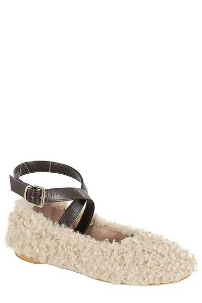 Semicouture Semi Couture Ivory Ballet Flats With Faux Fur Textures In Gold