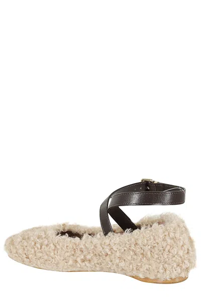 Semicouture Semi Couture Ivory Ballet Flats With Faux Fur Textures In Gold