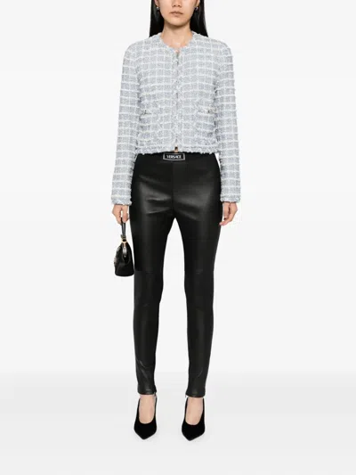 Versace Medusa Cropped Cotton-blend Tweed Jacket In Blue