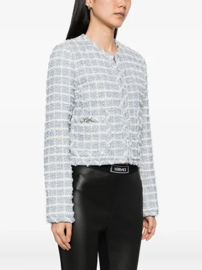Versace Medusa Cropped Cotton-blend Tweed Jacket In Blue