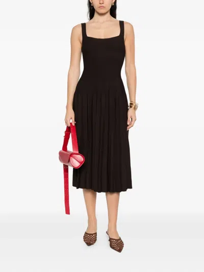 Staud Wells Pleated Cotton-blend Poplin Midi Dress In Black