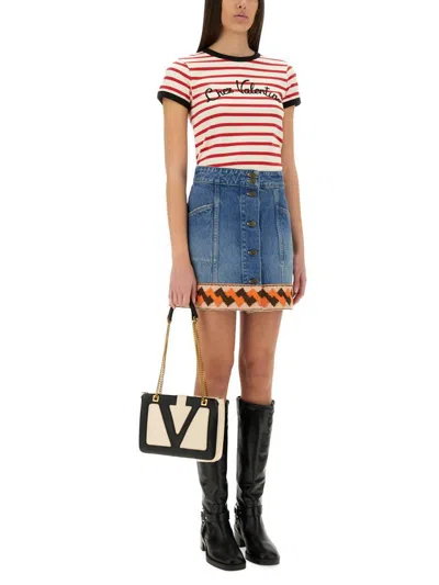 Valentino Women Ivory Striped Jersey Embroidered T-shirt In Multi