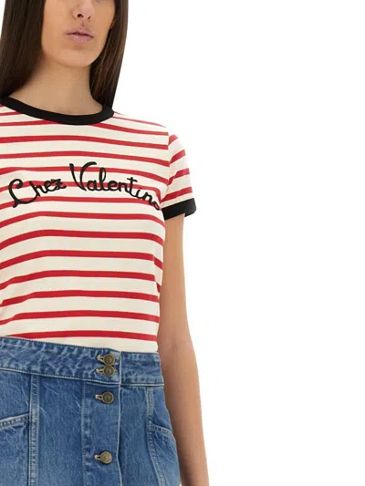 Valentino Women Ivory Striped Jersey Embroidered T-shirt In Multi