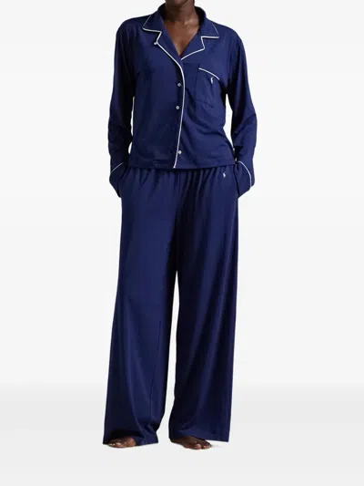 Polo Ralph Lauren Long-sleeve Piped-trim Pajama Set In Black