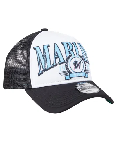 New Era Men's Black Miami Marlins Distressed 9forty A-frame Adjustable Trucker Hat