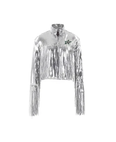 Cuce Silver Dallas Stars Cropped Sequin Fringe Blazer In Silver