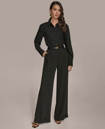 Donna Karan Women's Long Sleeve Pinstripe Button-down Shirt, Regular & Petite In Black