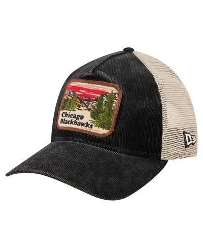 New Era Men's Black/cream Chicago Blackhawks Vintage Landscape 9twenty A-frame Adjustable Trucker Hat