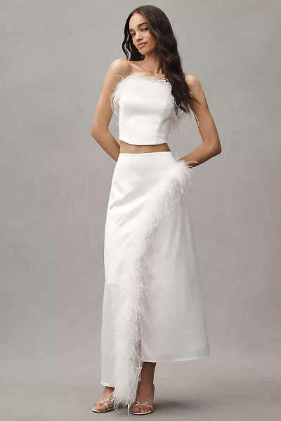 Hutch Faux-feather Strapless Cropped Top & Column Maxi Skirt Set In White