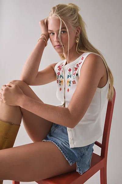 Bdg Gigi Embroidered Knit Button-down Tank Top In White, Women's At Urban Outfitters