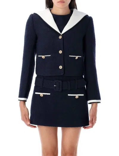 Self-portrait Belted Waist Short Jacket With Stripe Trim In Blue
