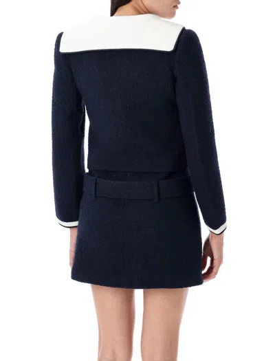 Self-portrait Belted Waist Short Jacket With Stripe Trim In Blue