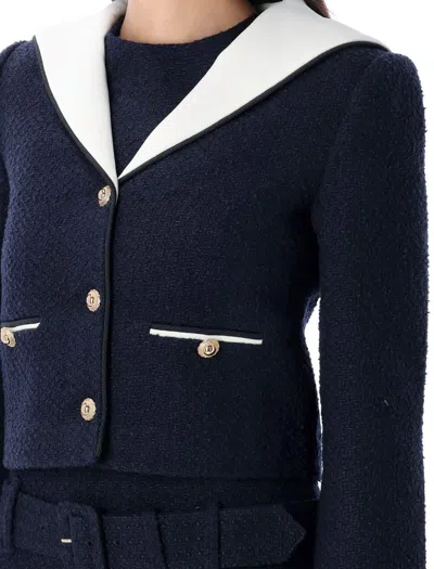 Self-portrait Belted Waist Short Jacket With Stripe Trim In Blue