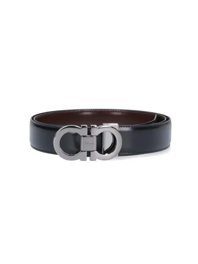 Ferragamo Black And Brown Reversible Belt With Gancini Detail In Smooth Leather Man In Black