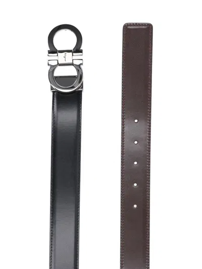 Ferragamo Black And Brown Reversible Belt With Gancini Detail In Smooth Leather Man In Black