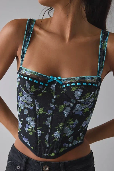 Out From Under Petunia Fields Ribbon Trim Lace Corset Top In Amelia Tossed Garden Black, Women's At Urban Outfitter