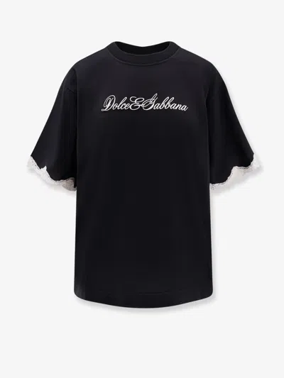 Dolce & Gabbana Logo-embroidered Lace-trimmed T-shirt In Black