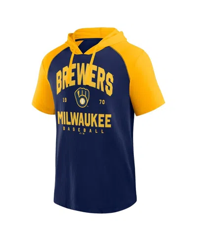 Logo Athletic Men'sâ Fanatics Navy Milwaukee Brewers Prime Raglan Short Sleeve Hoodie T-shirt