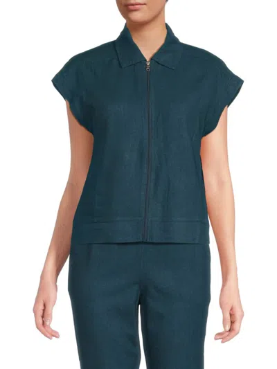 Andrew Marc Women's Zip Front Linen-blend Cap-sleeve Vest In Blue