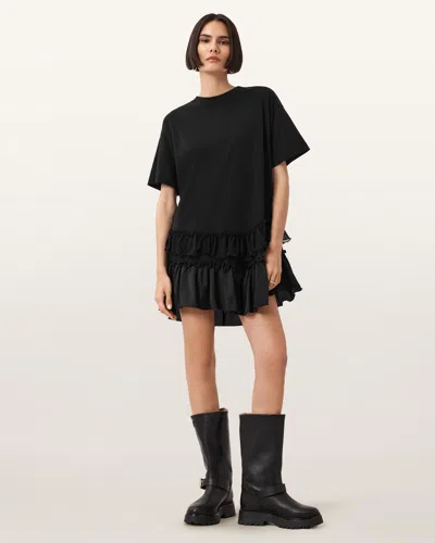 Allsaints Feyre Ruffle Tiered Cotton T-shirt Minidress In Black