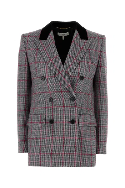 Chloé Double-breasted Velvet-trimmed Checked Wool Blazer In Multi