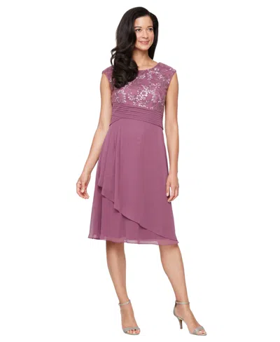 Alex Evenings Embroidered Empire Waist Cocktail Dress In Purple