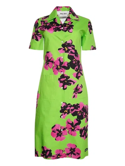 Miu Miu Floral-print Poplin Shirt Dress In Green