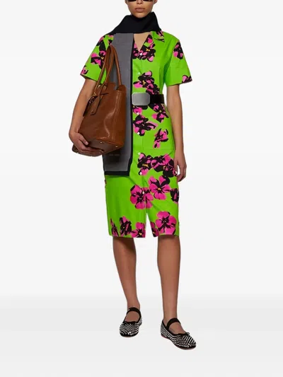 Miu Miu Floral-print Poplin Shirt Dress In Green