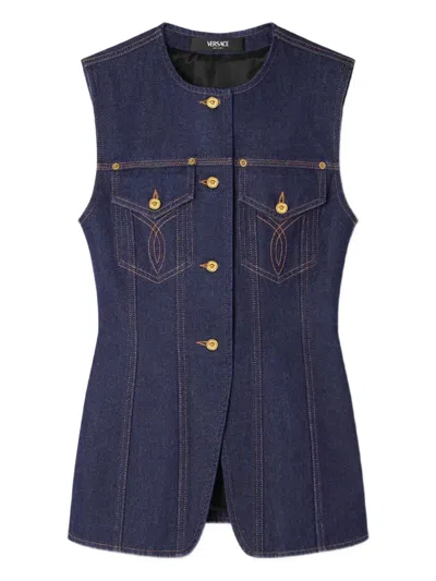 Versace Denim Button-up Vest In Blue